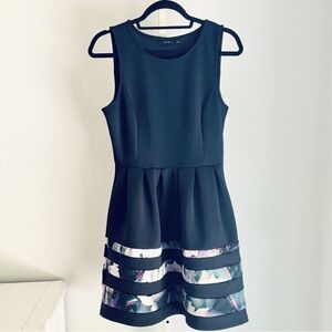 Apt 9 Black Sleeveless Flare Hem Mini Dress with Floral Border Stripe, Size M